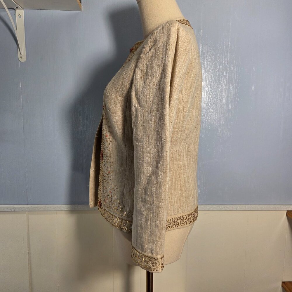 Ann Taylor Size 0 Cotton / Linen Blend Sequin Beaded Lightweight Dressy Jacket - Picture 9 of 12